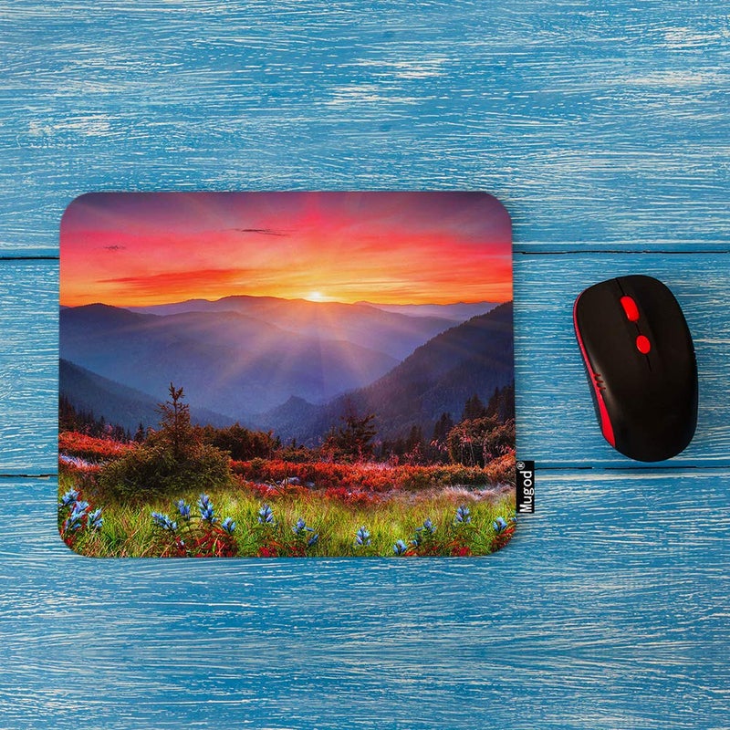 Mugod Mountain Nature Mouse Pad Rocky Mountain Sunset Sunshine Red Blue Flowers Mouse Mat Non-Slip Rubber Base Mousepad for Computer Laptop PC Gaming Working Office & Home 9.5x7.9 Inch - Image 2
